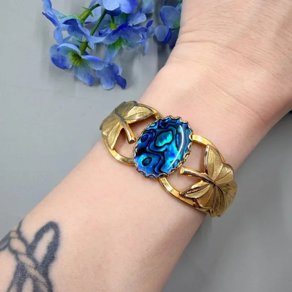 Genuine Abalone Shell Vintage Bangle Bracelet - Picture 4 of 7